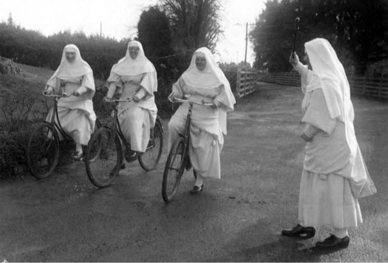 Picture of Sisters on bikes CHCH, ANZAC Day 1962 Bicycle race