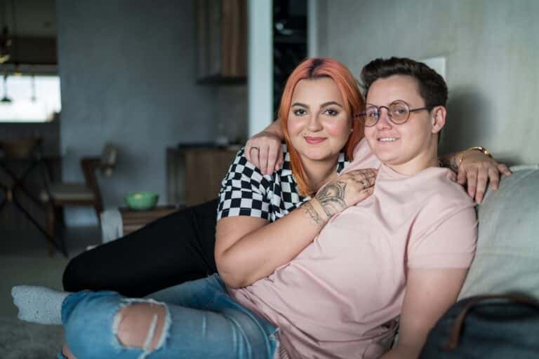 Portrait of lesbian couple at home