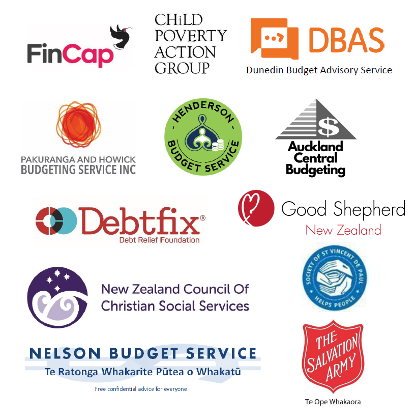 Logos for FinCap, Child Poverty Action Group, DBAS Dunedin Budget Advisory Service, Pakuranga and Howick Budgeting Service Inc, Henderson Budget Service, Auckland Central Budgeting, Debtfix Debt Relief Foundation, Good Shepherd New Zealand, New Zelaand Council of Christian Social Services, Nelson Budget Serviec Te Ratona Whakarite Pūtea o Whakatū, The Salvation Army Te Ope Whakaora, Society of St Vincent de Paul. 