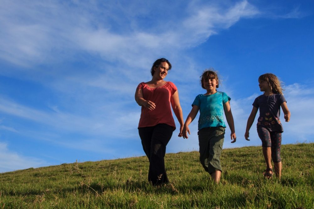 Home banner image family walking on a grassy hill
